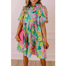 Green Floral Puff Sleeve Collar Buttoned Babydoll Dress