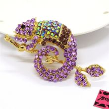 Hot Lady Fashion Purple Rhinestone Chameleon Crystal Charm Women Brooch Pin