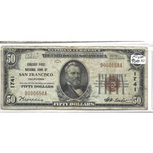 1929 $50.00 Bill The Crocker First National Bank of San Francisco Ca, #1741 VF
