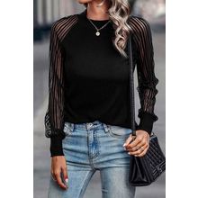 Black Striped Mesh Long Sleeve Crewneck Ribbed Top
