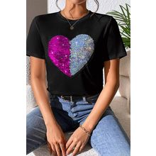 Black Valentine Two Tone Sequined Heart Shaped Graphic T Shirt