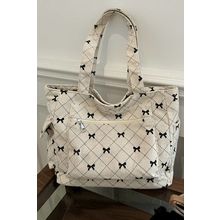 White Bow Knot Plaid Print Large Tote Bag