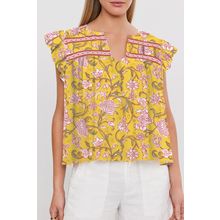 Yellow Floral Notched Neck Ruffled Sleeve Casual Blouse