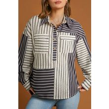 Black Stripe 2-tone Patchwork Half Buttons Chest Pockets Casual Blouse