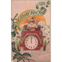 Red Racing Car With Risque Angel Lady Clock Front Antique New Year Postcard