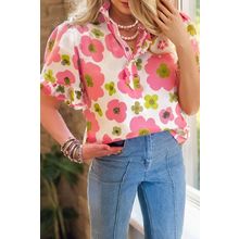 Pink Floral Ruffle Short Sleeve Striped Buttoned Collar Blouse