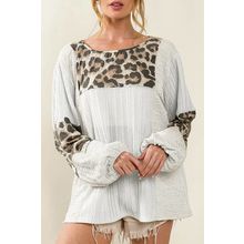 White Leopard Patch Puff Sleeve Textured Blouse