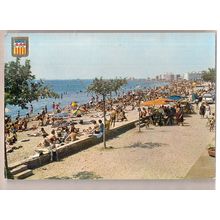 THE BEACH, ROSAS, COSTA BRAVA. multiview.. used postcard 1988 postmark =