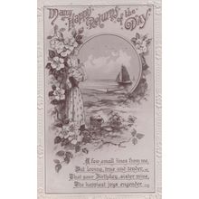 Happy Birthday Sister Harbour Sailing Ship Fishing Basket Old Greetings Postcard