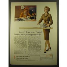 1961 Pitney-Bowes DM Postage Meter Ad - A girl like me, I said, deserves