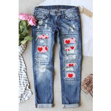 Sky Blue Valentines Day Heart Patchwork Distressed Jeans