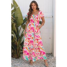 Pink Abstract Print Ruffled Sleeve Smocked Bust Maxi Dress