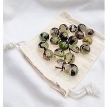 COMMANDO - 25 Glass Marbles, Clear Green & Brown Swirl, 16mm, with Cotton Pouch