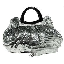 Designer Sequined Satchel Handbags w/ Acrylic Crescent Shape Handle - Silver ...