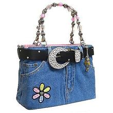 Denim Jean Purse w/ Belt & Key Chain/Flower - Black - BG-ABJ13MBK (BG-BJ113MBK)