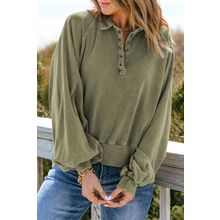 Green Washed Snap Buttons Lantern Sleeve Pullover Sweatshirt