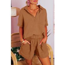 Chestnut Crinkle Textured Polo Shirt and High Waist Shorts Set