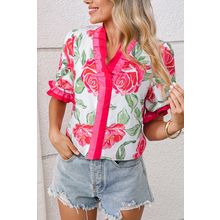 Rose Floral Frilled V Neck Short Sleeve Blouse Top