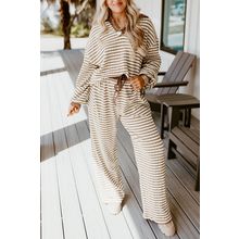 Khaki Stripe Collared Pullover Top and Drawstring Pant Set