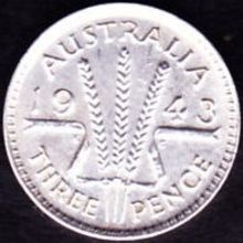 1943 Australia 1 Threepence Silver Coin