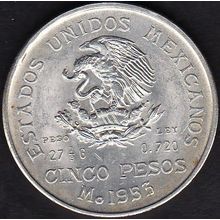 1953 Mexico 5 Pesos Silver Coin Miguel Hidalgo