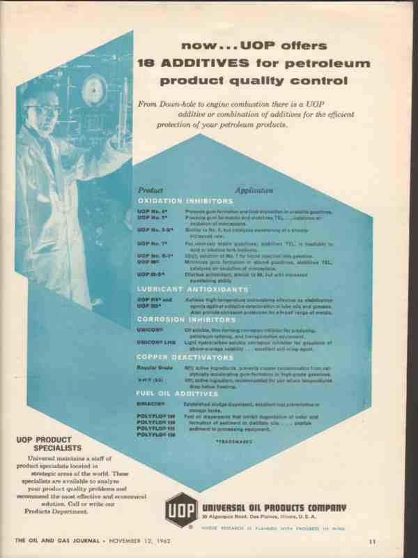 Universal Additives UNIVERSAL OIL PRODUCTS CO 1962 additives petroleum quality vintage ad ...
