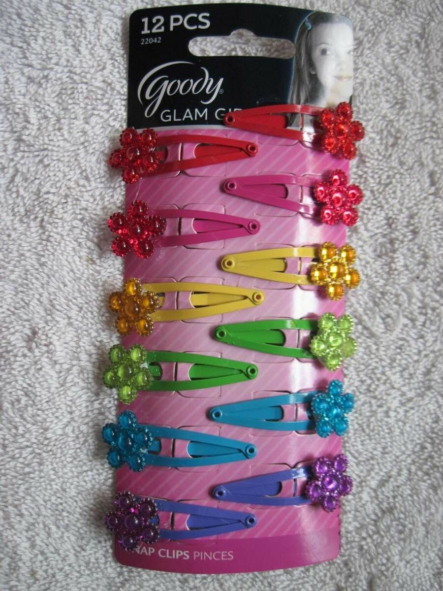 12 Goody Glam Girls Bright Painted Metal Snap Hair Clips Plastic Flower ...