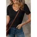 Black V Neck Ribbed Knit Lightweight Short Slee...