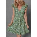Green Flower Print Flutter Sleeve V Neck Sashed...
