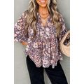 Blue Boho Flower Print 3/4 Sleeve Babydoll Blouse