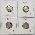 Silver Mercury Dimes 1944 (2), 1945 (2) Coins L...