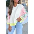 White Floral Colorblock Patchwork Chest Pocket ...