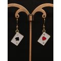Playing Card Ace and Heart Dangle Drop Earrings Gold Plated
