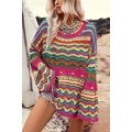 Rose Red Colorblock Striped Hollowed Knit Loose...