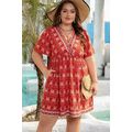 Orange Plus Size Printed Surplice Neck Empire W...