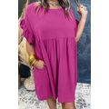 Rose Red Textured Ruffled Short Sleeve Mini Dress
