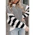 Black white Striped Drop Shoulder Bishop Sleeve...