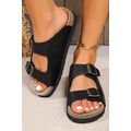 Black Suede Textured Buckle Straps Beach Slippers