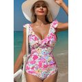 Pink Floral Ruffle Trim V Neck Lace-up Back Tum...