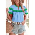 Mist Blue Contrast Notched Neck Frilly Detail S...