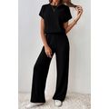 Black Ribbed Keyhole Short Sleeve Wide Leg Jump...