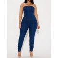 Women's Strapless Denim Jumpsuit With Lace Up Back