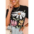 Black Retro Floral Print Crew Neck Casual T Shirt