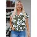Green Floral Print Split Neck Short Sleeve Blouse