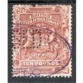 1892 BSAC RHODESIA Sg13 £10 Brown used perfin (...