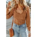 Brown U Neck Textured Long Sleeve Top