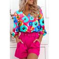 Rose Multicolor Floral Print V Neck 3/4 Sleeve ...