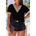 Black Lace Trim Short Sleeve V Neck Plus Size Top