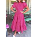Rose Red Flower Mock Neck Puff Sleeve Tiered Ma...