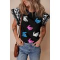 Black Floral Striped Patchwork Flutter Sleeve E...